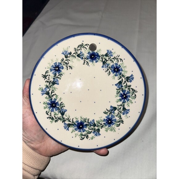 POLISH BLUE FLORAL POTTERY VASE & BASE - Picture 8 of 9